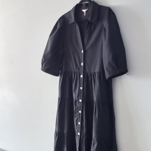ESQUALO black cotton/linen tiered dress with puff sleeves - Picture 2 of 12